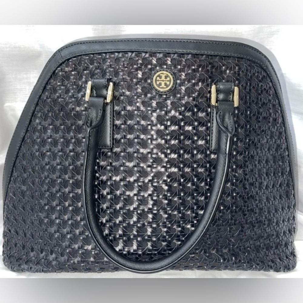 Tory Burch Woven Basket Black Leather Shoulder Bag